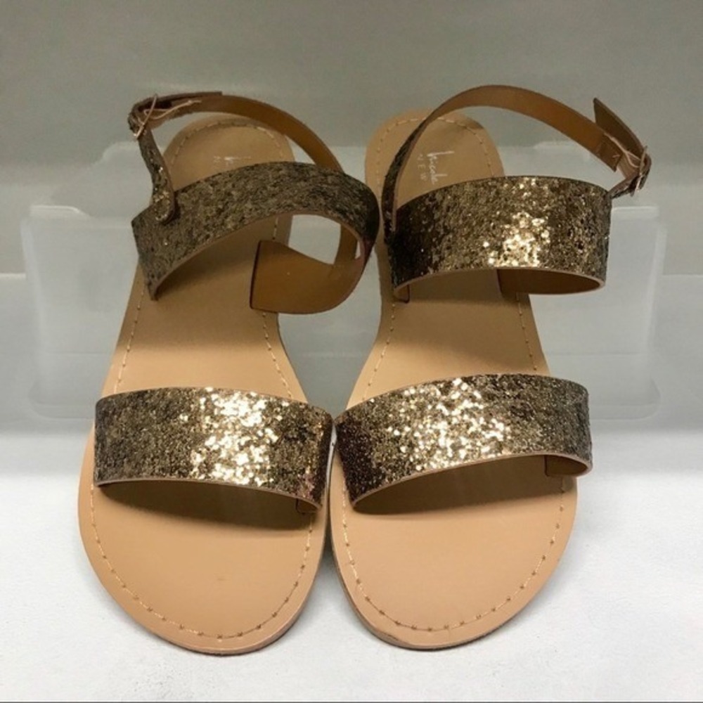 Nicole Miller Sandals Kids Sz 4 Gold Glitter Strappy Flat Buckle Dressy Sparkle
